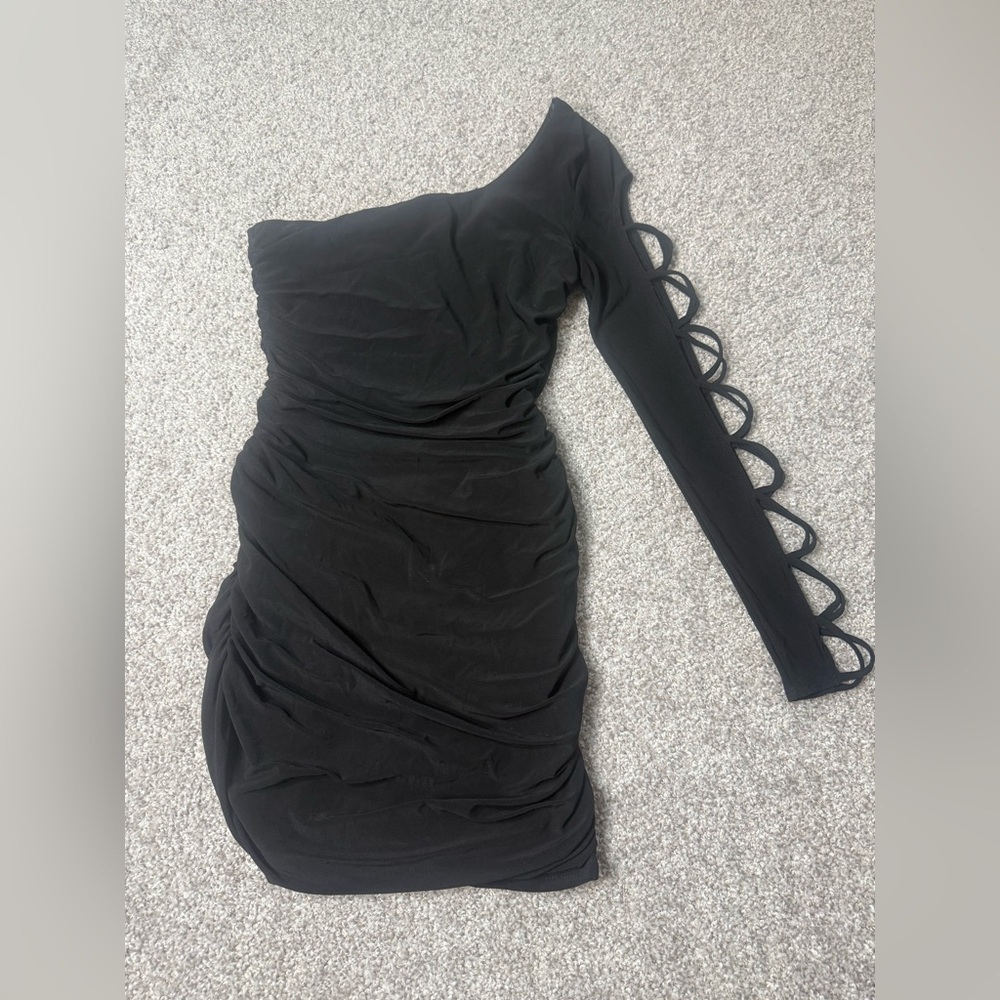 Vintage Deb black one shoulder sexy lace club mini dress sz small HOCO y2k